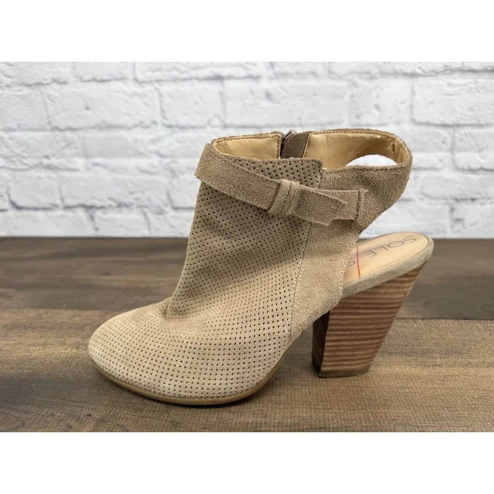 Sole‎ Society Perforated Suede Ankle Booties Block Heel Side Zip Tan Women's 9B